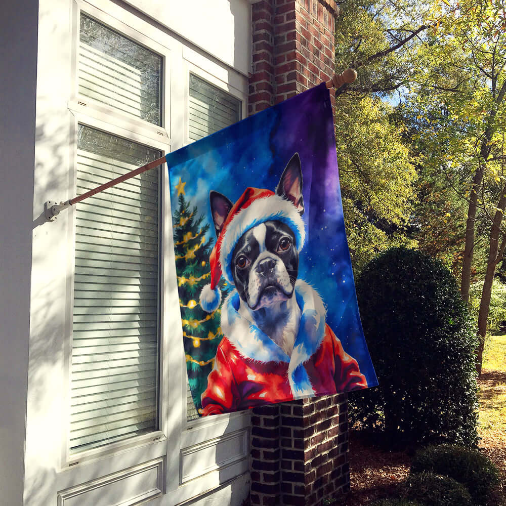Boston Terrier Christmas House Flag 28x40 Porch Sleeve Pole Decorative Outside Yard Banner Artwork Wall Hanging, Polyester