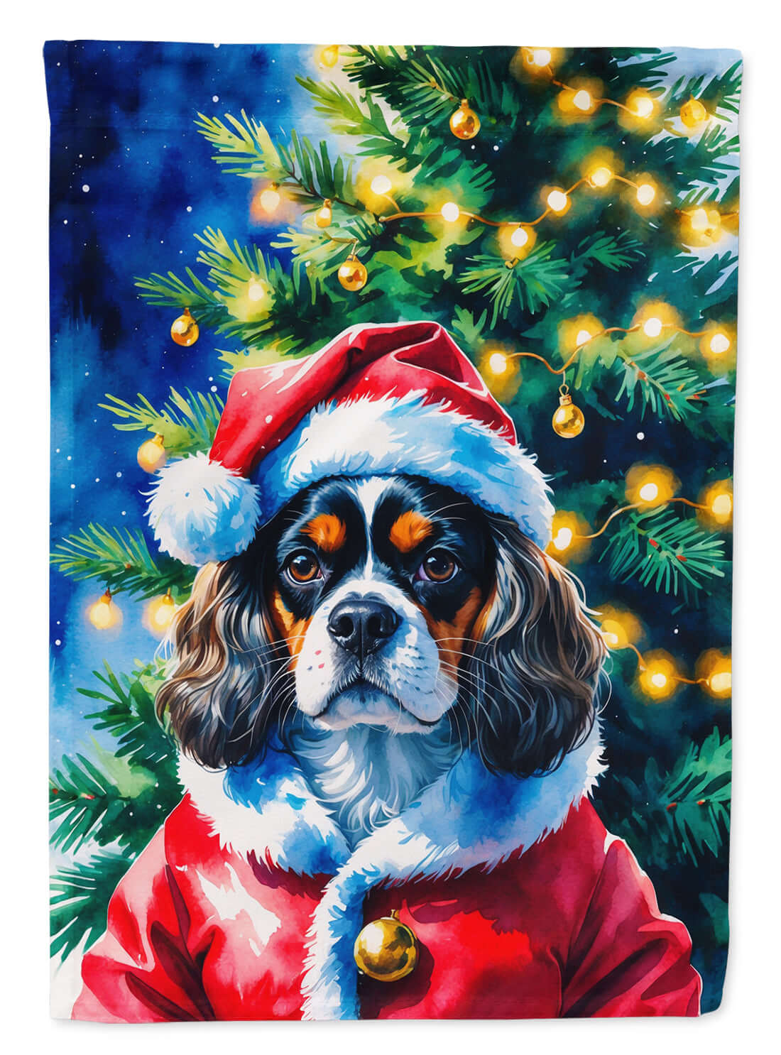Tricolor Cavalier Spaniel Christmas House Flag 28x40 Porch Sleeve Pole Decorative Outside Yard Banner Artwork Wall Hanging, Polyester