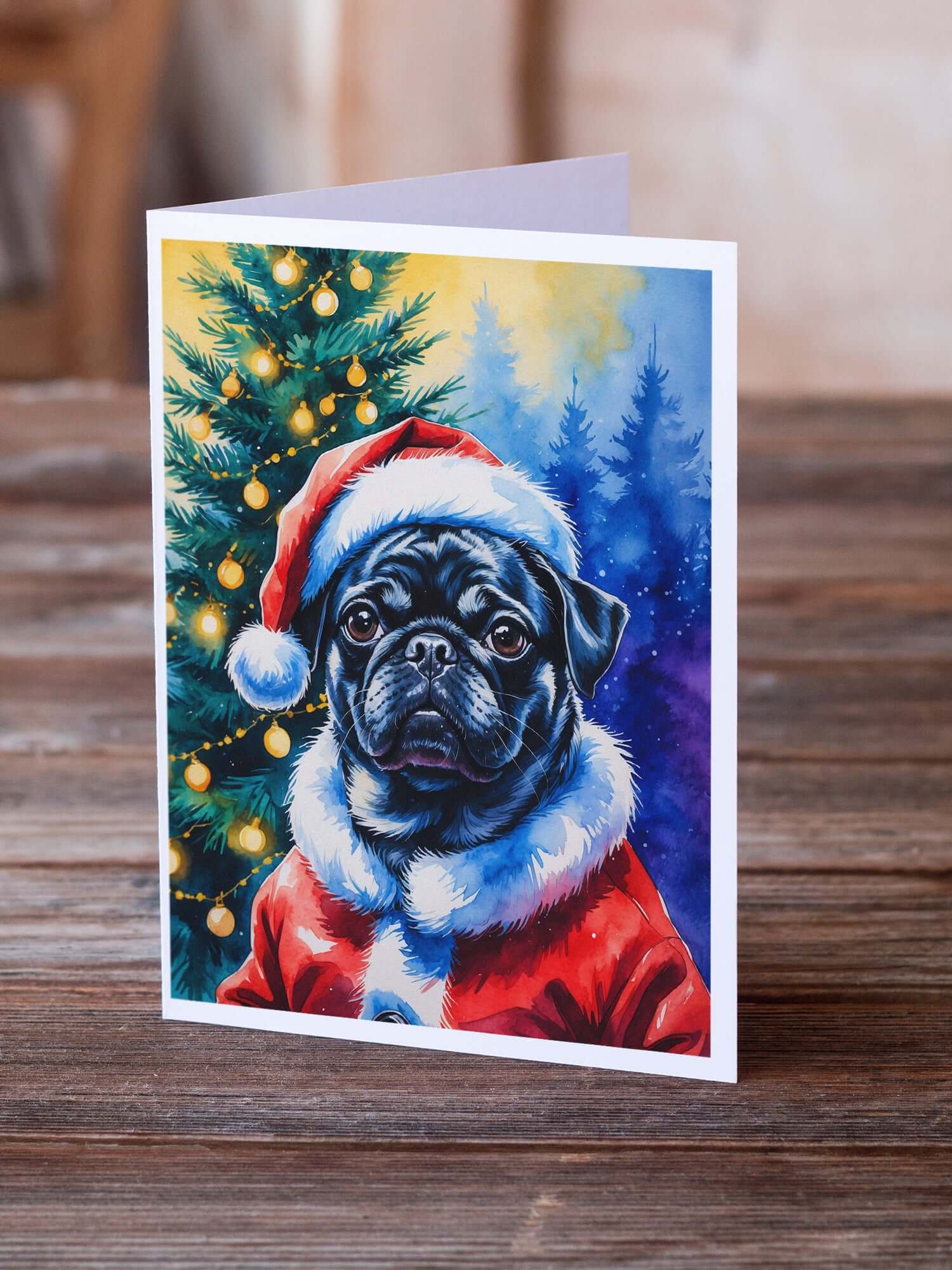 Black Pug Christmas Greeting Cards Pack of 8 Blank Cards with Envelopes Whimsical A7 Size 5x7