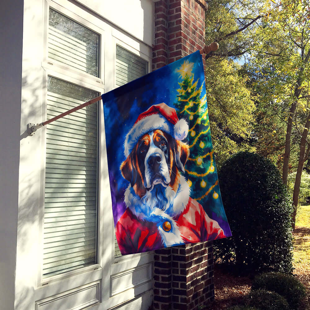 Saint Bernard Christmas House Flag 28x40 Porch Sleeve Pole Decorative Outside Yard Banner Artwork Wall Hanging, Polyester