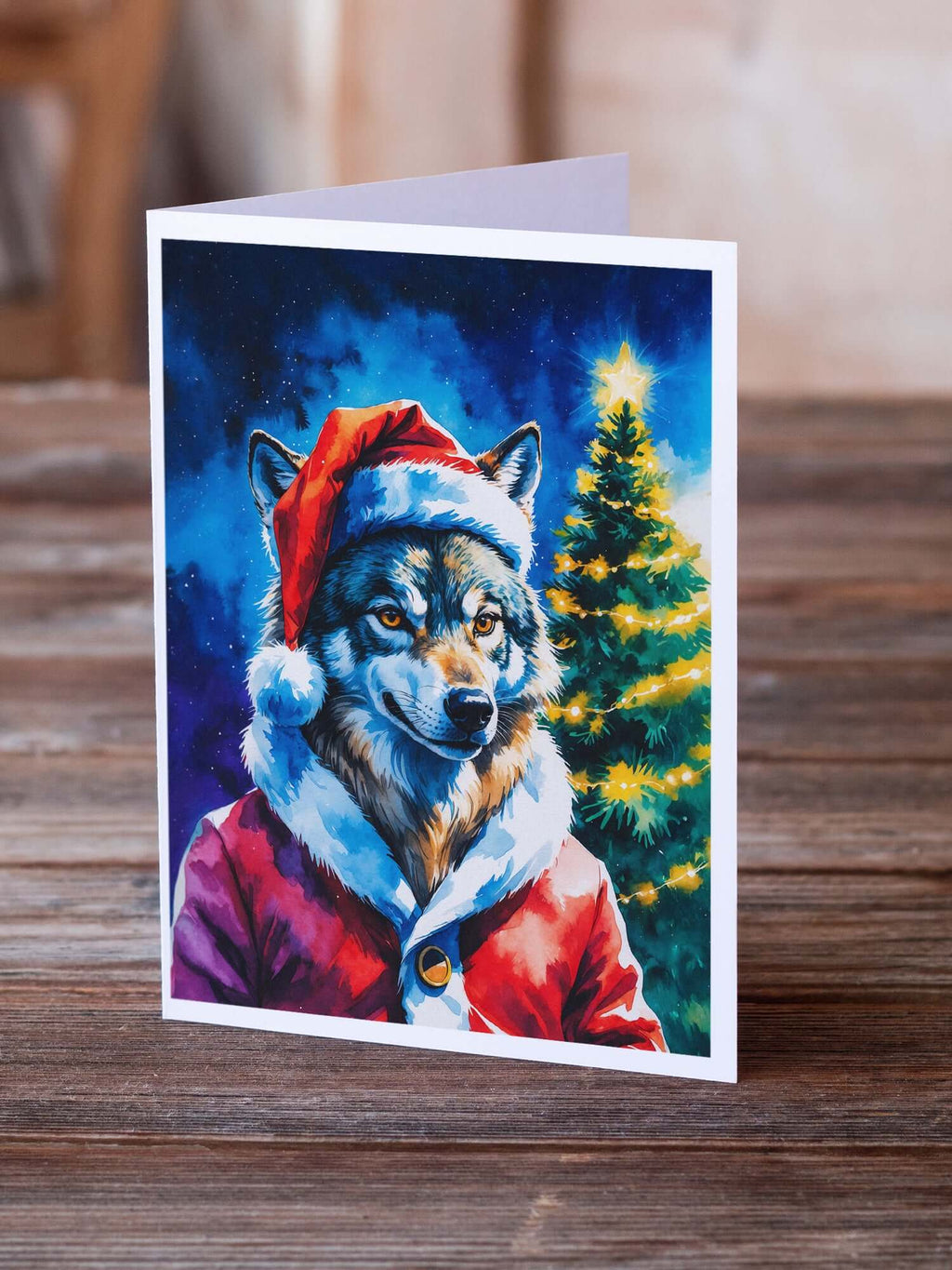 Wolf Christmas Greeting Cards Pack of 8 Blank Cards with Envelopes Whimsical A7 Size 5x7