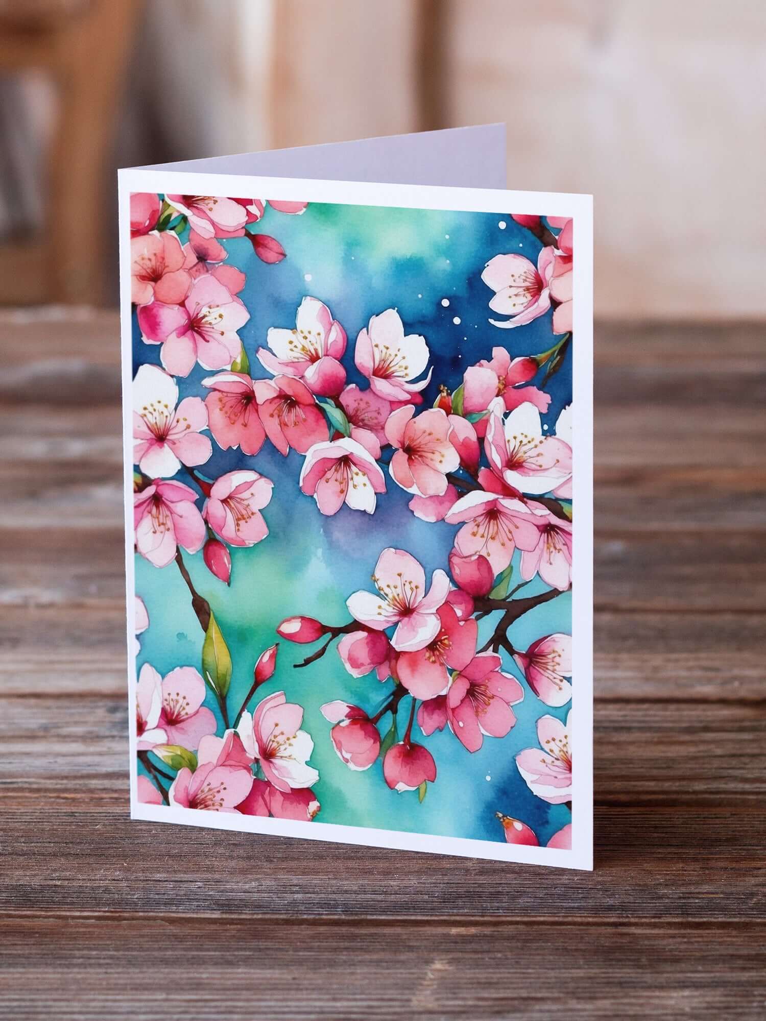 Cherry Blossoms Greeting Cards Pack of 8 Blank Cards with Envelopes Whimsical A7 Size 5x7
