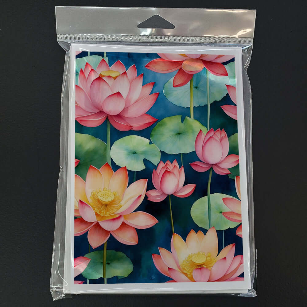 Lotus Flowers Greeting Cards Pack of 8 Blank Cards with Envelopes Whimsical A7 Size 5x7