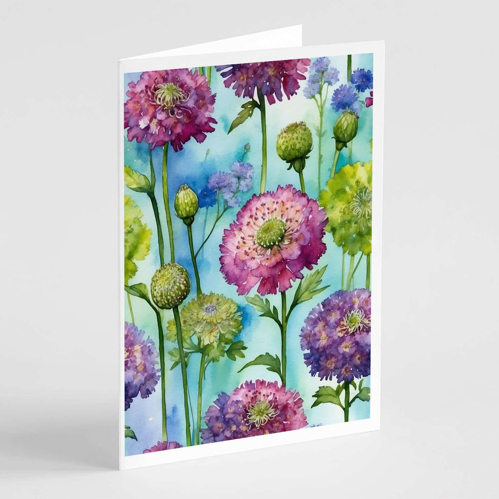 Scabiosa Flowers Greeting Cards Pack of 8 Blank Cards with Envelopes Whimsical A7 Size 5x7