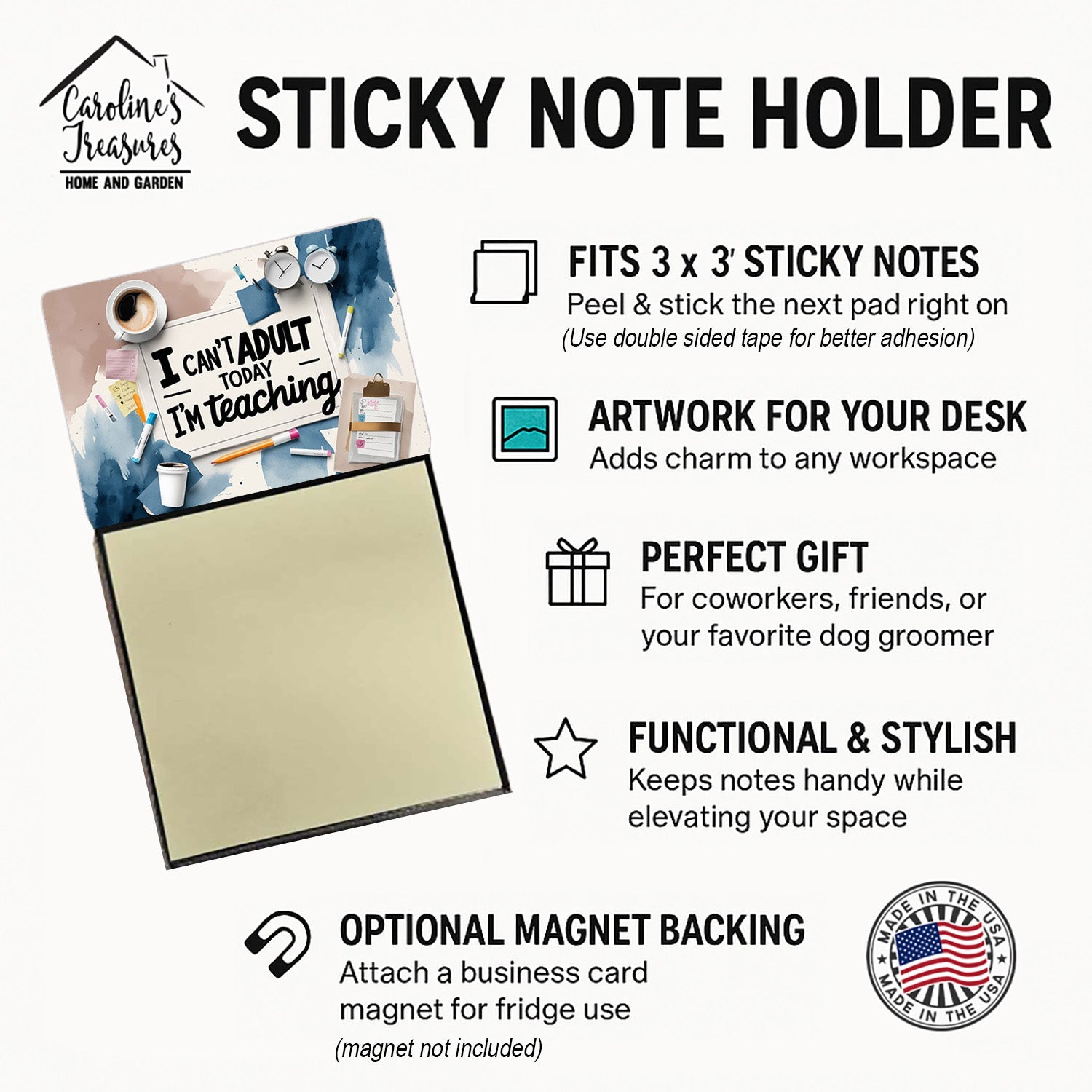 I Can’t Adult Today I’m Teaching Funny Sticky Note Holder for Teacher's Gift Refillable with 3x3 Notes