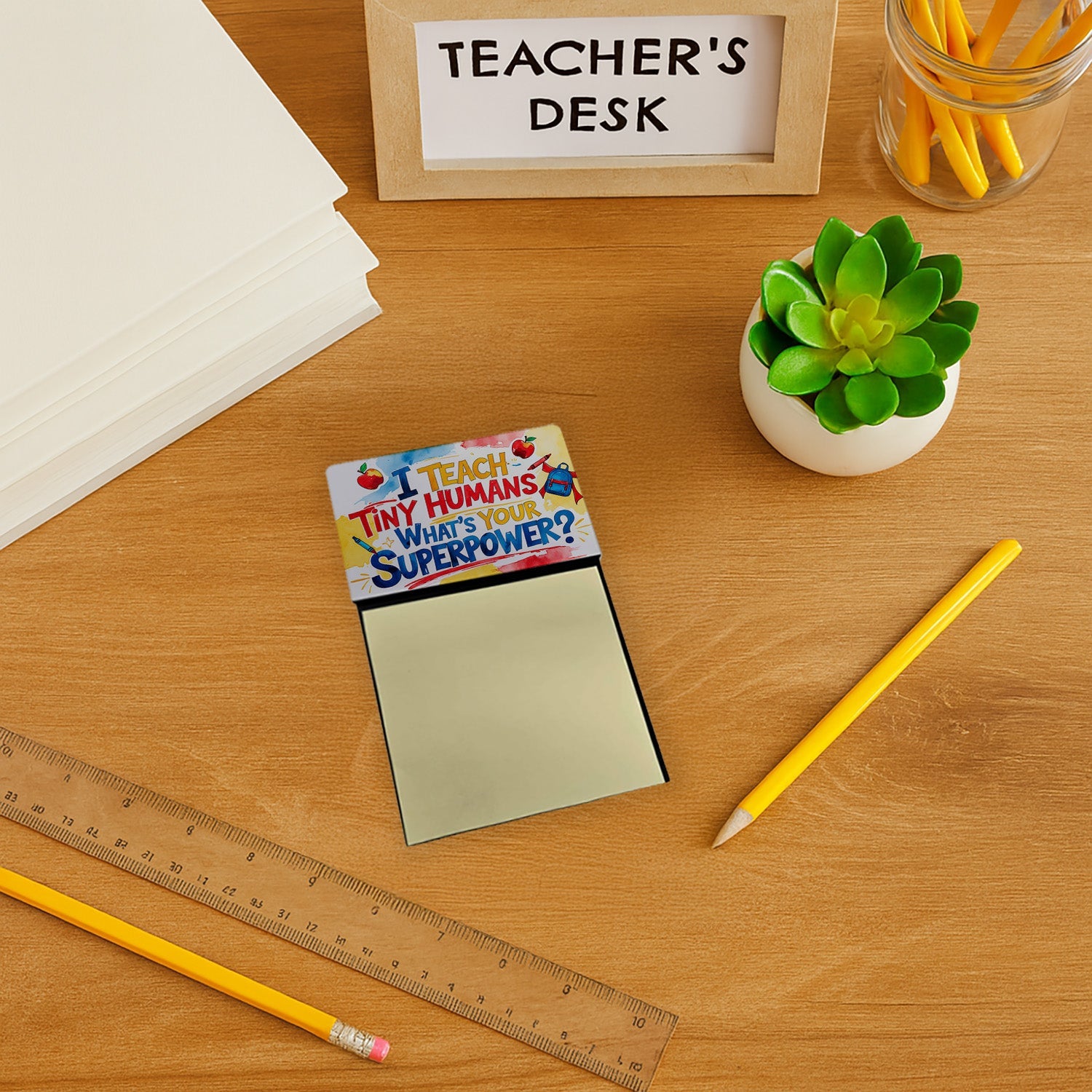 I Teach Tiny Humans, What’s Your Superpower Funny Sticky Note Holder for Teacher's Gift Refillable with 3x3 Notes