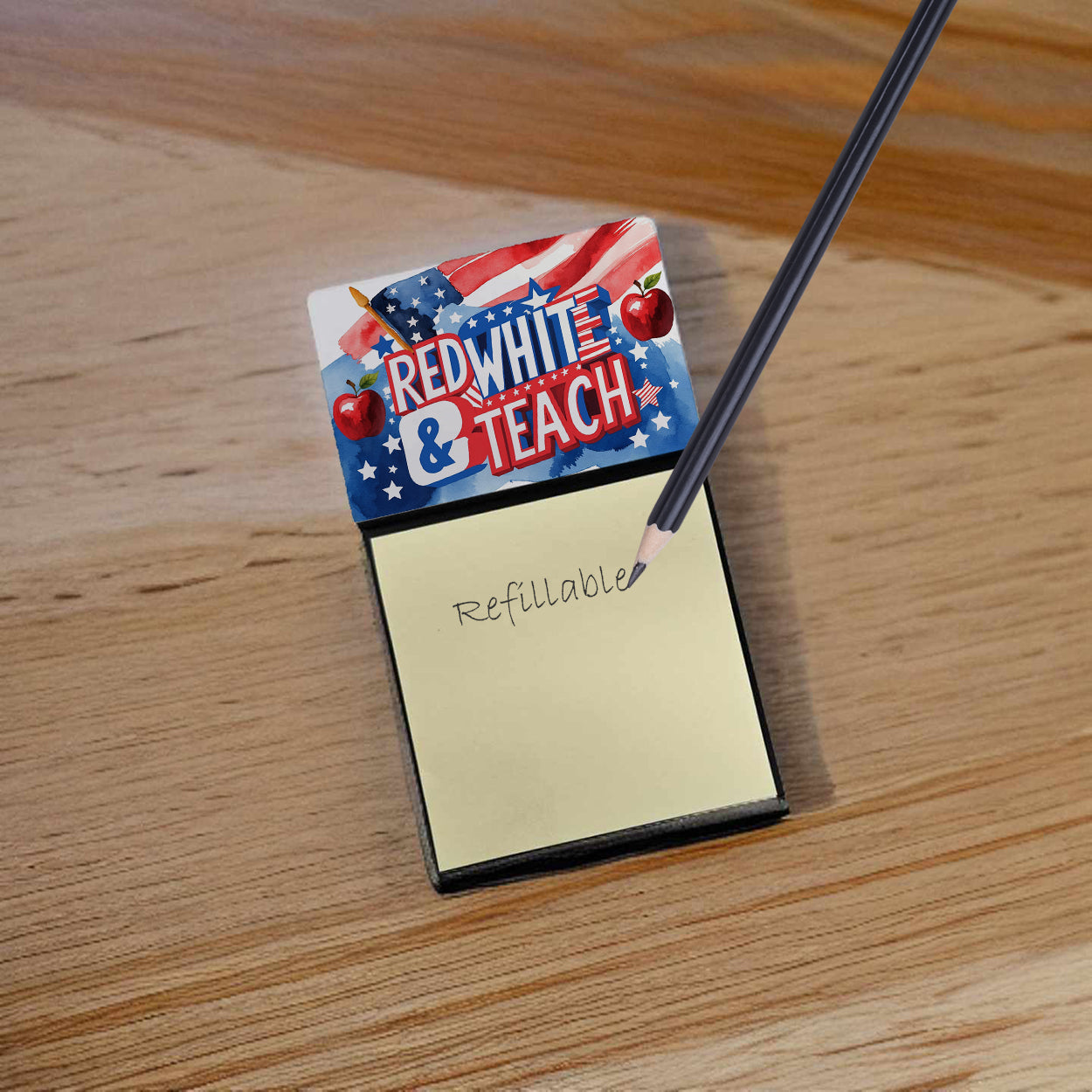 Red, White & Teach Funny Sticky Note Holder for Teacher's Gift Refillable with 3x3 Notes