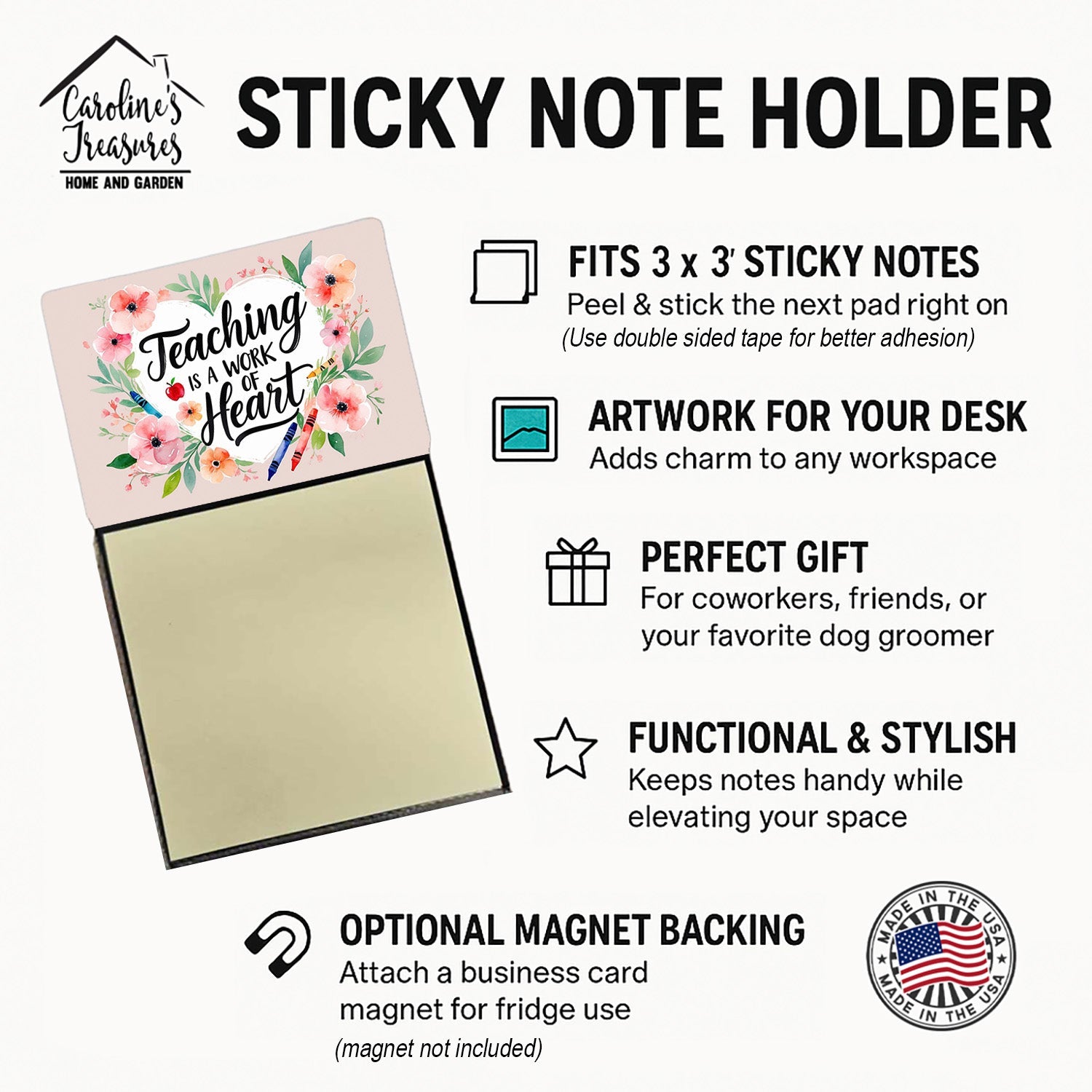 Teaching is a Work of Heart Funny Sticky Note Holder for Teacher's Gift Refillable with 3x3 Notes