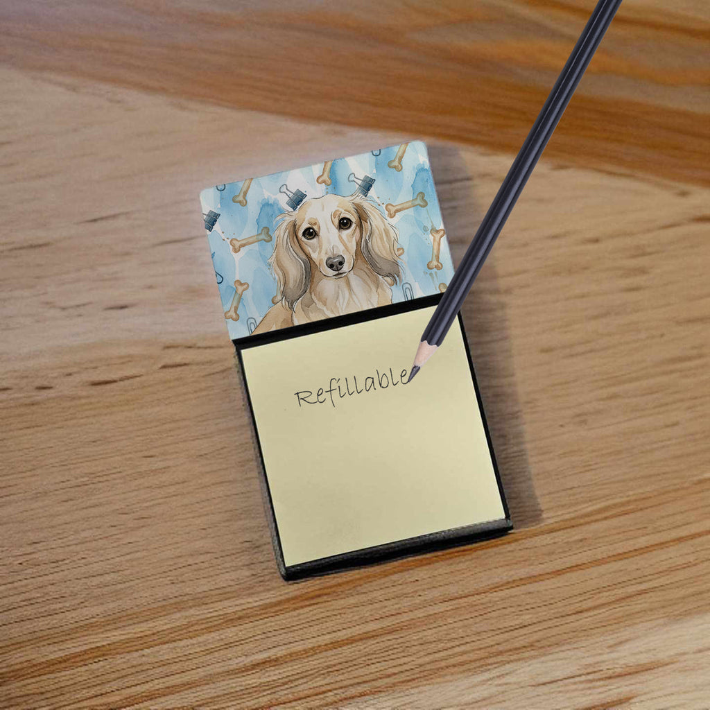 Longhaired Cream Dachshund Coworker Watercolor Sticky Note Holder Refillable Dispenser Desk Accessory 3x3 Pad Gift