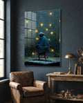 Rainy Night Glowing Stars Seated Man Glass Wall Art