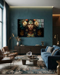 White Roses Gold Teal Headdress Woman Glass Wall Art