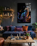 Jeweled Cat Under Crescent and Full Moon Glass Wall Art