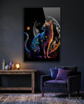 Glowing Blue Cat Silhouette Full Moon Glass Wall Art