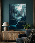 Teal Valley Twin Waterfalls Cliffs Glass Wall Art