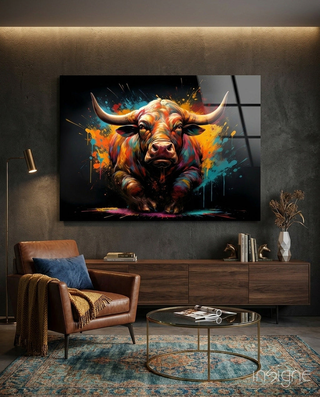 Vibrant Standing Bull Splash Glass Wall Art
