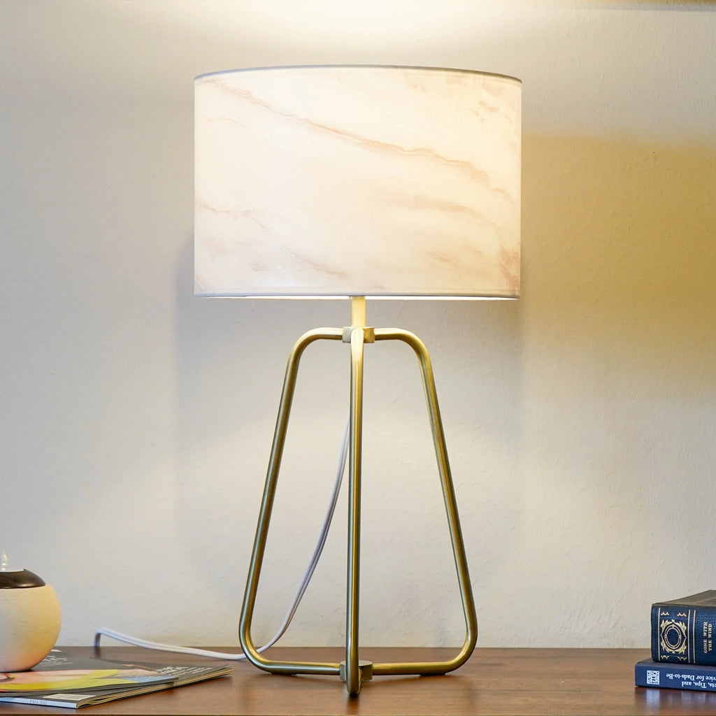 Table Lamp – Marble-Pattern Cylinder Shade & Bronze Metal Base | Mid-Century Modern Bedside & Desk Lamp