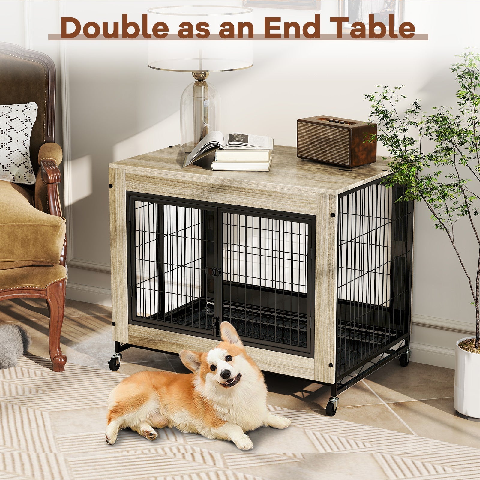Industrial Dog Kennel with Flip-up Top 3 Lockable Doors and Removable Tray-Gray