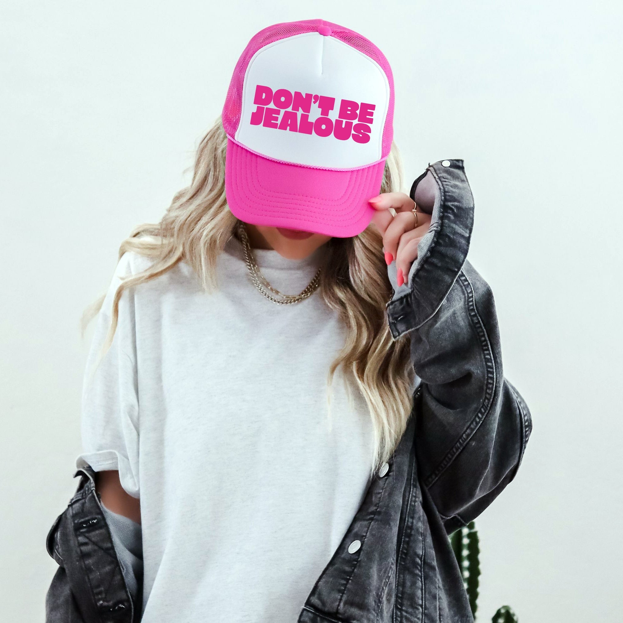 Don't Be Jealous, Sassy, Funny Bright Pink Snapback With Bold Attitude For The Everyday Look Trucker Hat