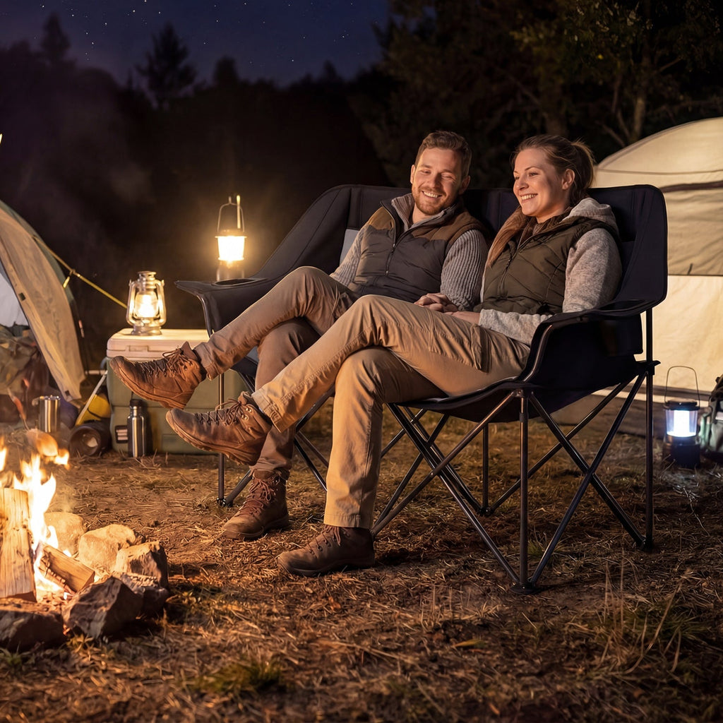 Double Camping Chair with Cup Holders Glass Racks and Mesh Pockets