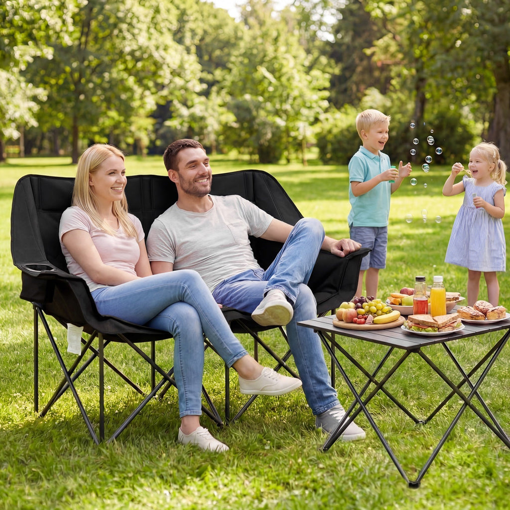 Double Camping Chair with Cup Holders Glass Racks and Mesh Pockets