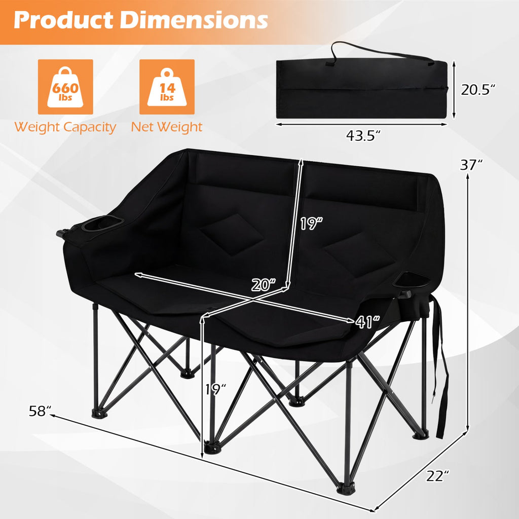 Double Camping Chair with Cup Holders Glass Racks and Mesh Pockets