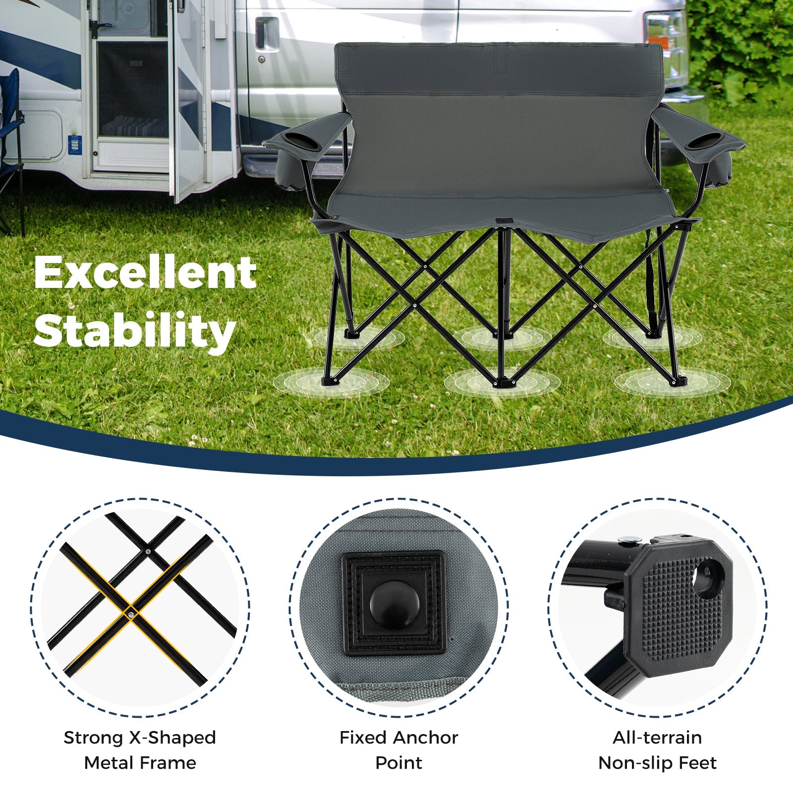 Double Camping Chair 2-Person Outdoor Folding Loveseat with Cup Holders