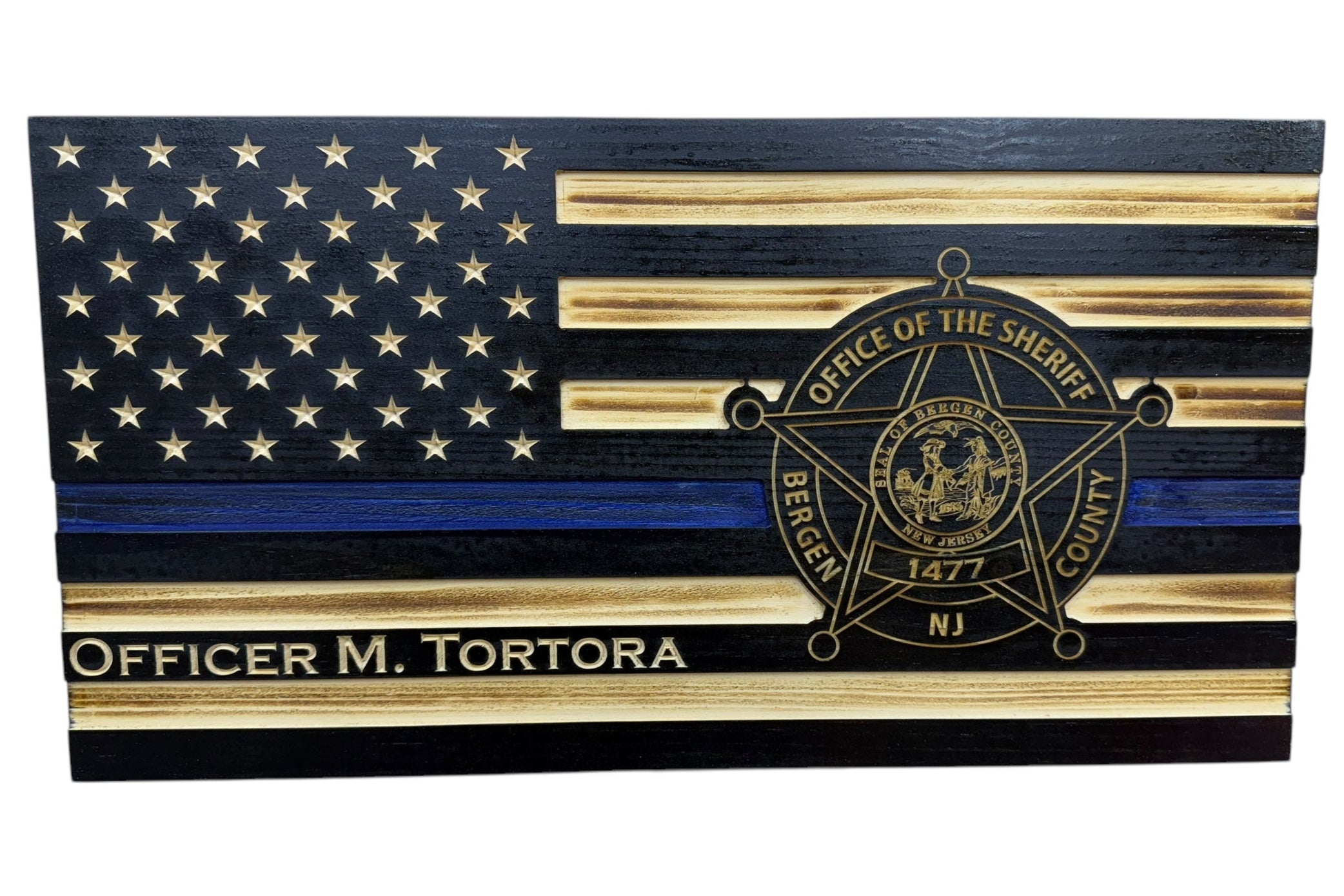 Custom Thin Blue Line Wooden Flag with Engraved Police Badge