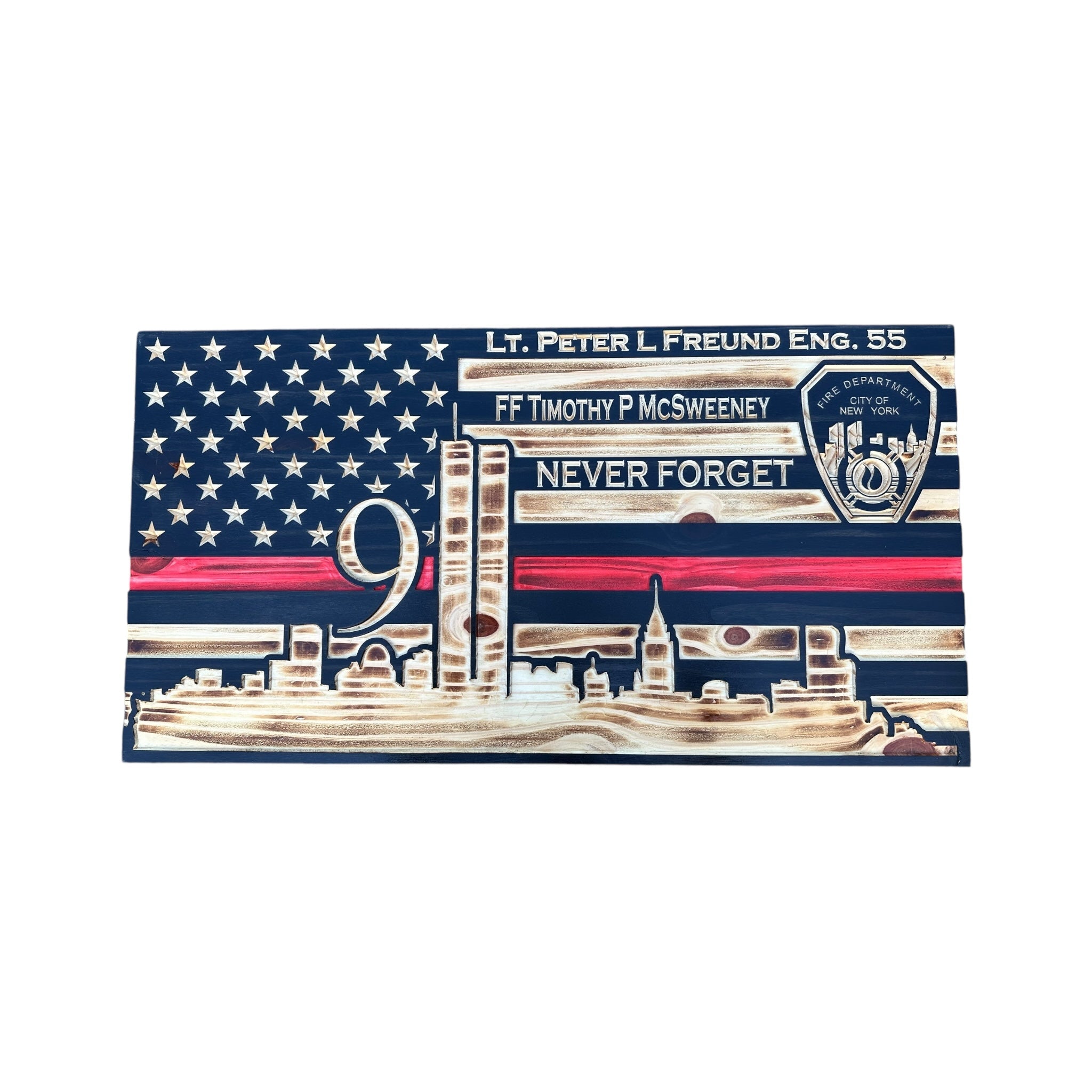 Personalized 9/11 Tribute Wooden Flag with NYC Skyline