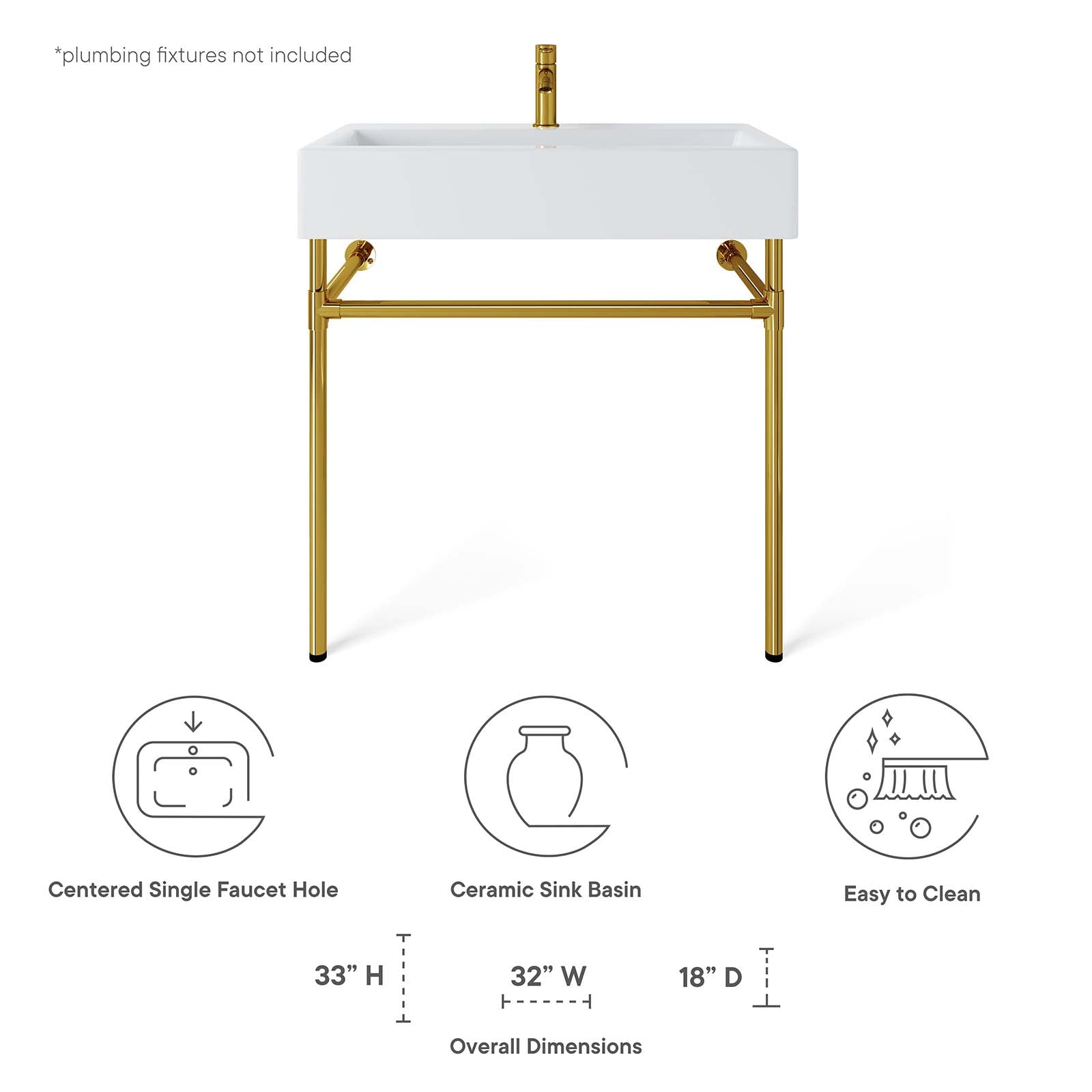 Redeem 32" Wall-Mount Gold Stainless Steel Bathroom Vanity by Modway