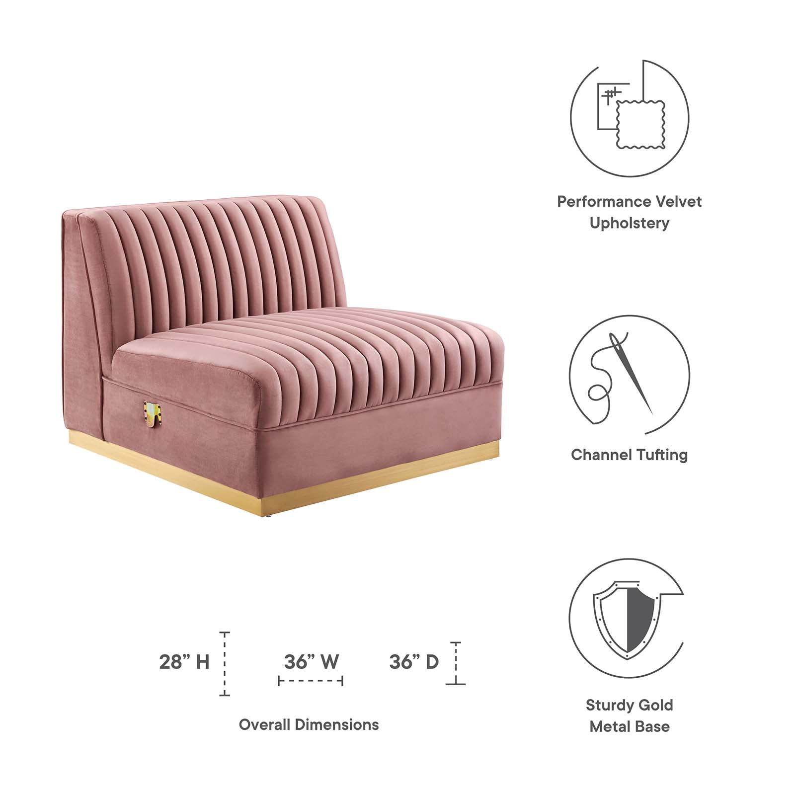 Sanguine Channel Tufted Performance Velvet Modular Sectional Sofa Armless Chair by Modway