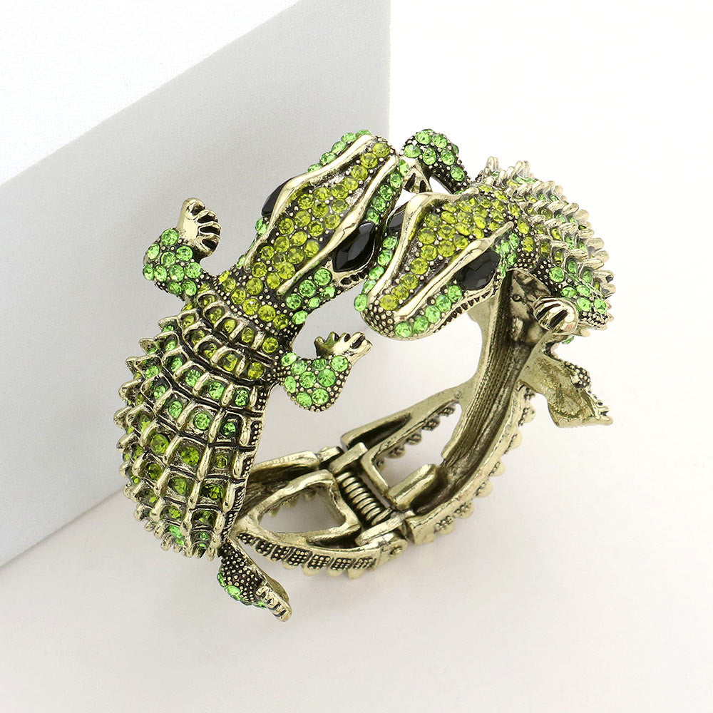 Crystal Rhinestone Double Crocodile/Alligator Evening Hinged Cuff Bracelet