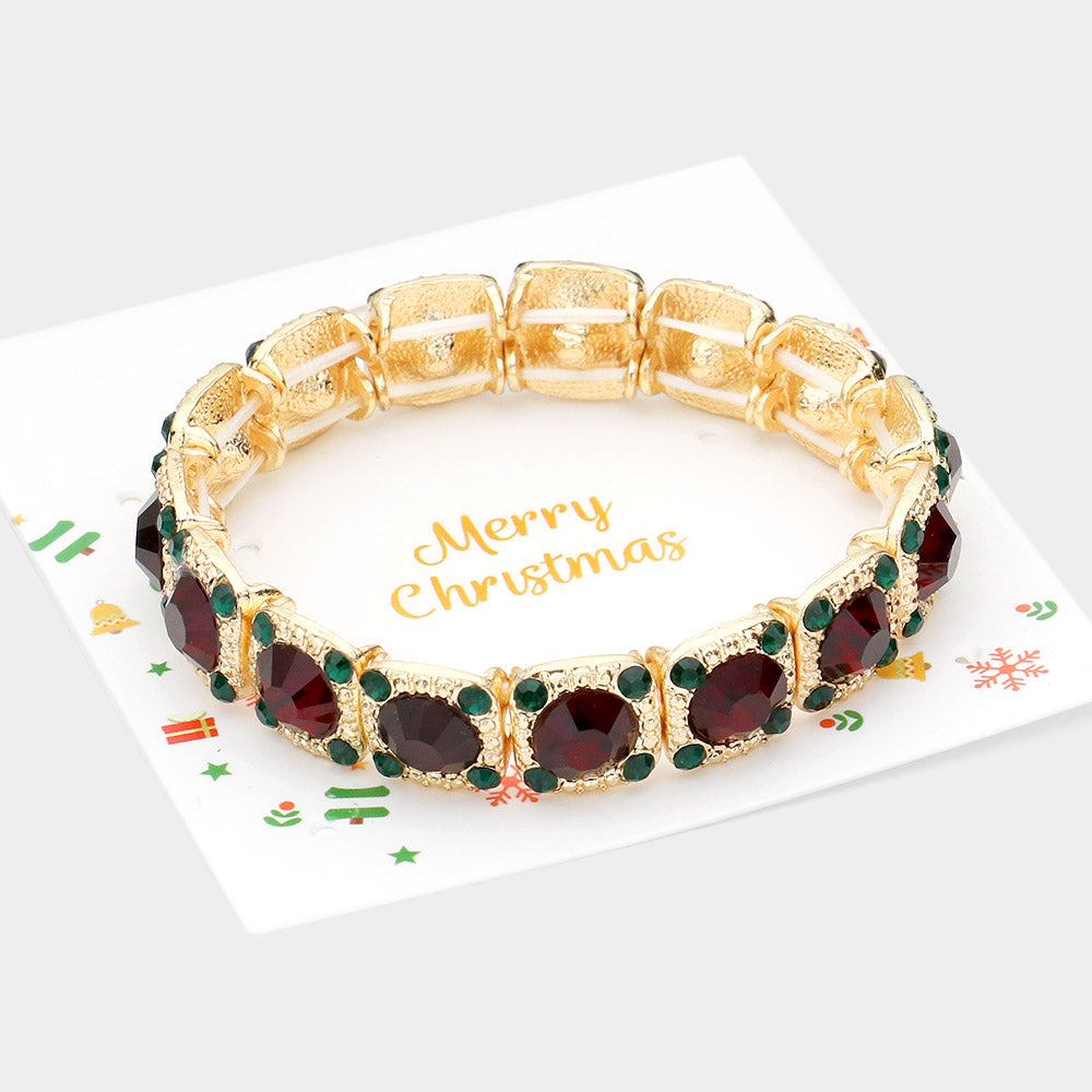 Round Stone Embellished Metal Square Stretch Evening Bracelet