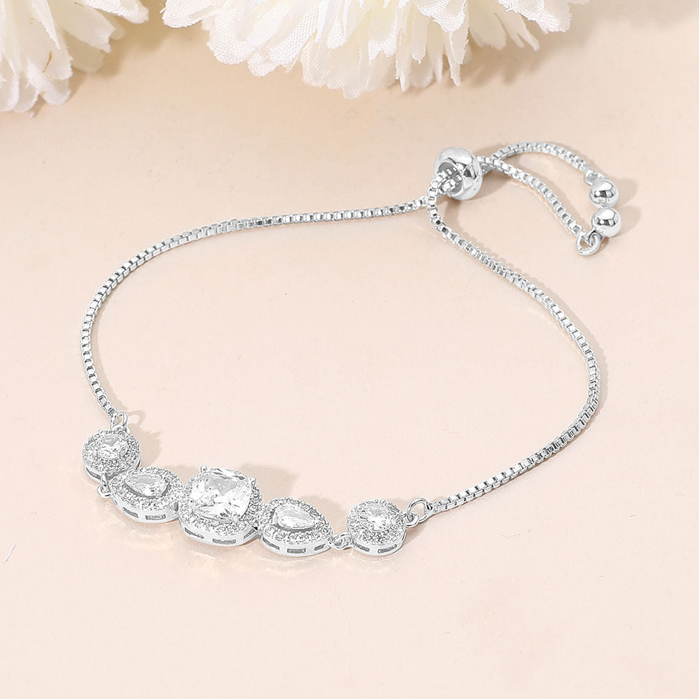 Square CZ Cushion Center Teardrop Round Stone Link Adjustable Evening Bracelet