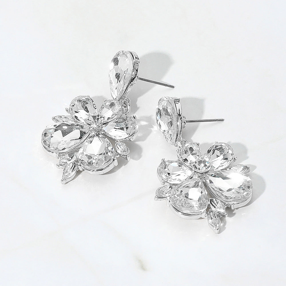 Teardrop Stone Flower Dangle Evening Earrings