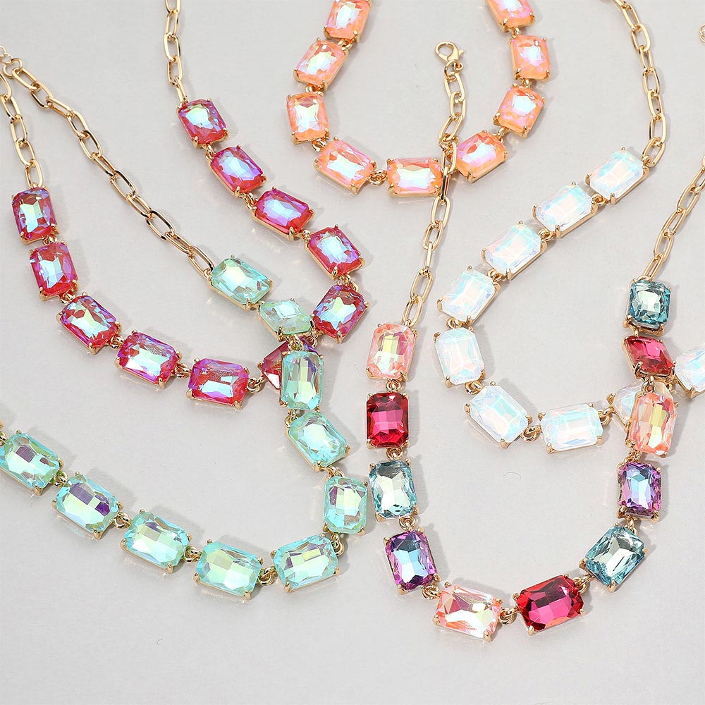 Cushion Rectangular Stone Cluster Link Evening Necklace