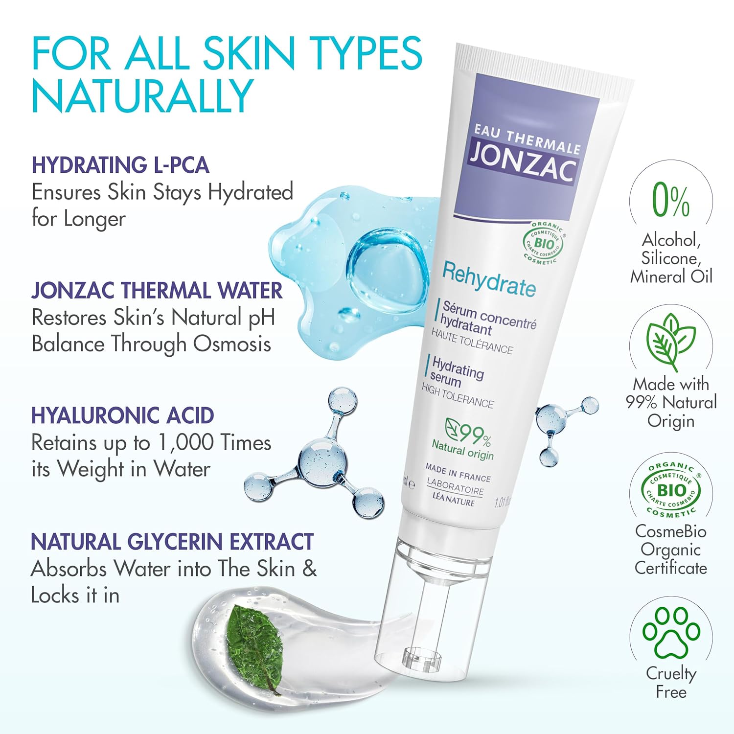Eau Thermale Jonzac, Organic Hydrating Serum, 1.01 fl oz, Pack of 6, Hyaluronic Acid