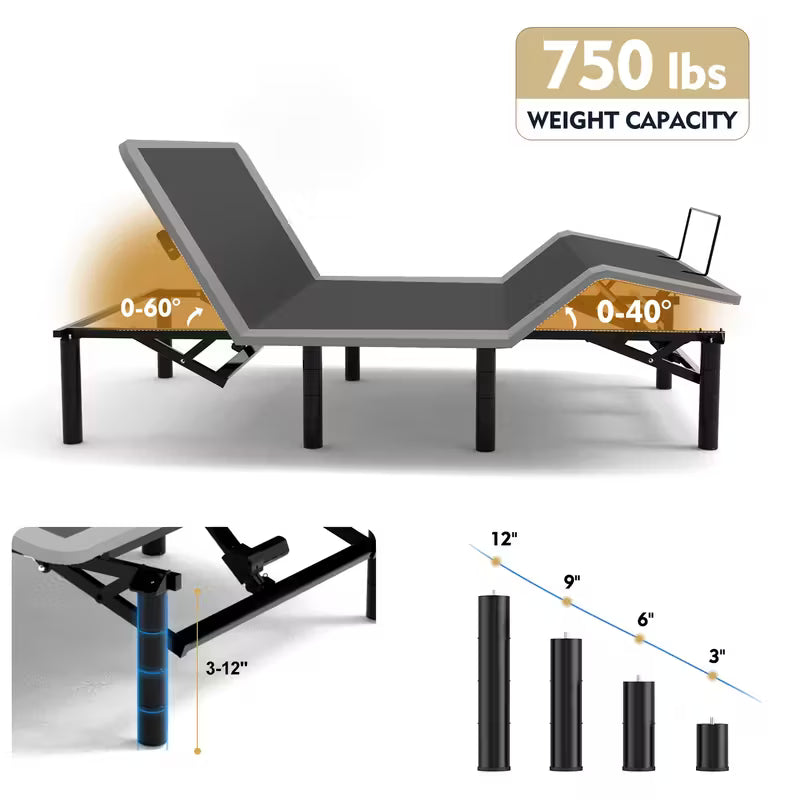 Electric Adjustable Bed Frame, Twin XL - Wireless Remote, Head/Foot Incline, Night Light, 4 Height-Adjustable Legs,Two types of USB ports-Type-A and Type-C, Easy Assembly