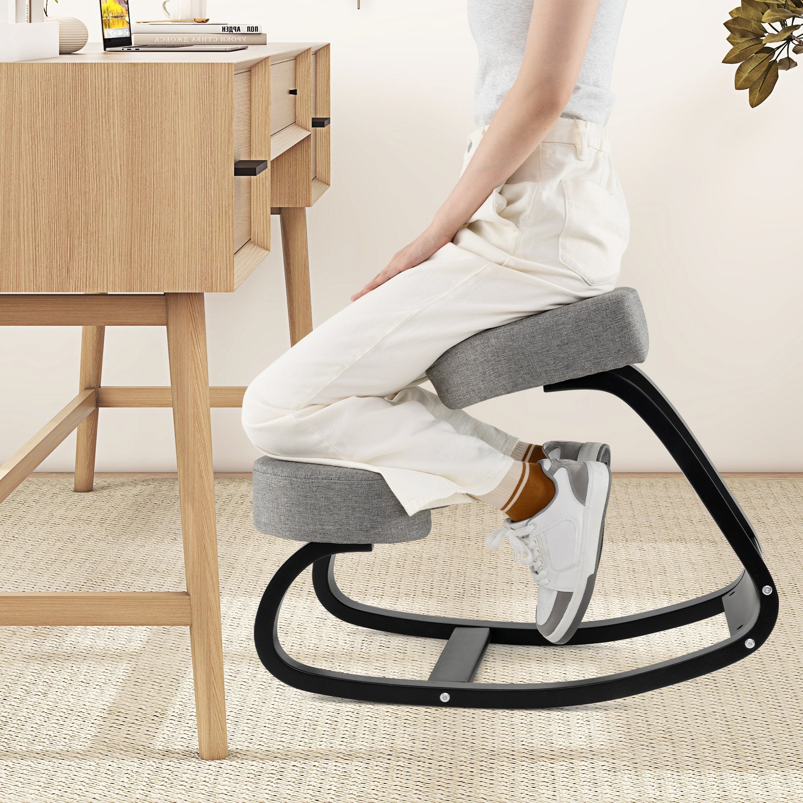 Wooden Ergonomic Backless Rocking Kneeling Chair with Padded Cushion-Gray