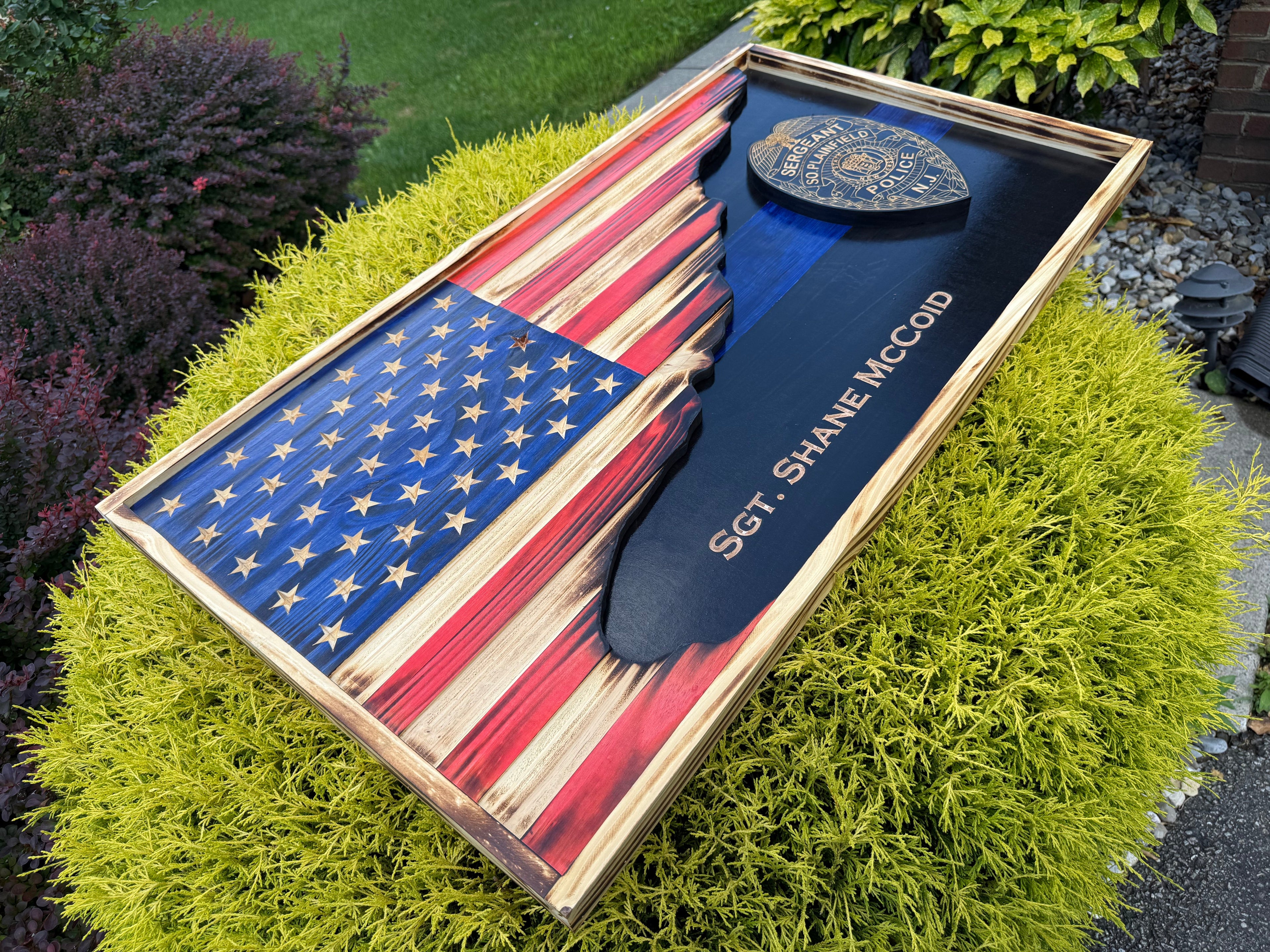 Custom 3D Thin Line American Flag with Engraved Badge