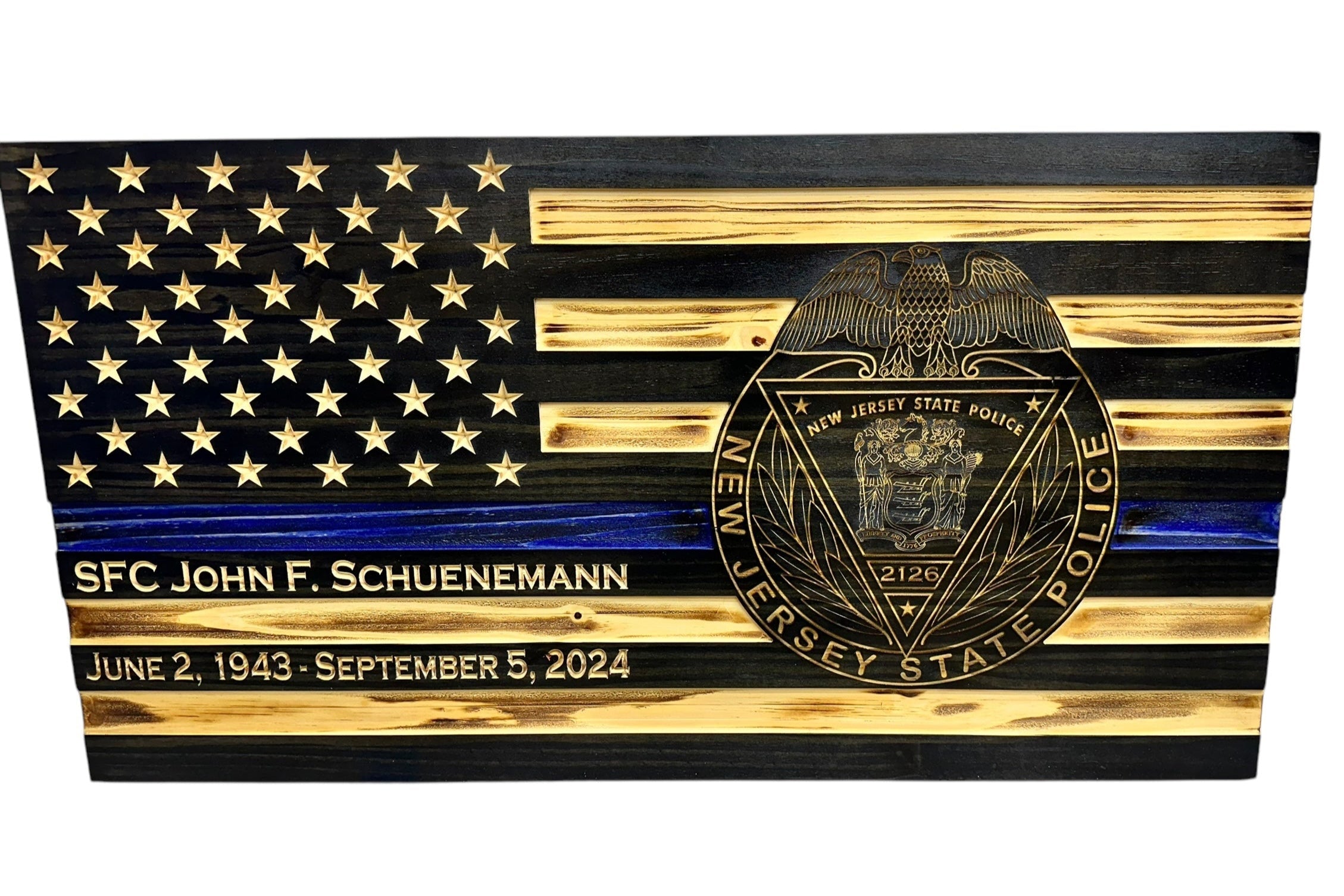 Custom Thin Blue Line Wooden Flag with Engraved Police Badge