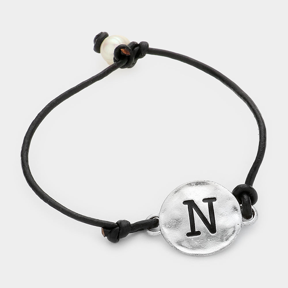 -N- Initial Monogram Metal Disc Pearl Pointed Bracelet