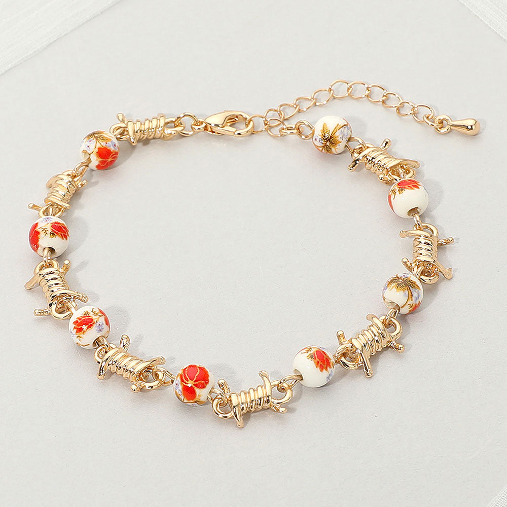 Floral Ceramic Ball Metal Rope Wrap Link Bracelet