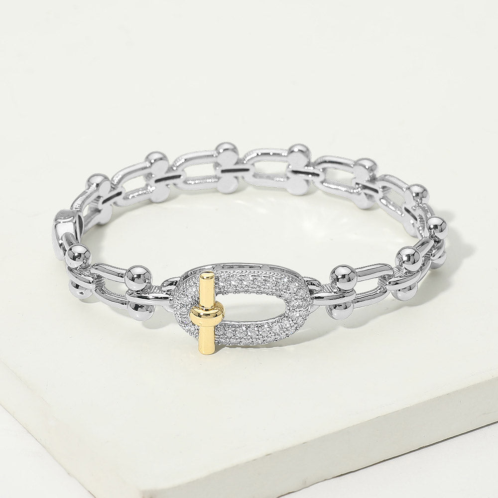 14K Gold Plated Two Tone CZ Pavel Oval Accent Industrial Link Hinged Bangle Bracelet