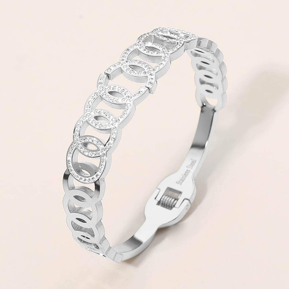 Stainless Steel CZ Pave Circle Link Hinged Bangle Bracelet