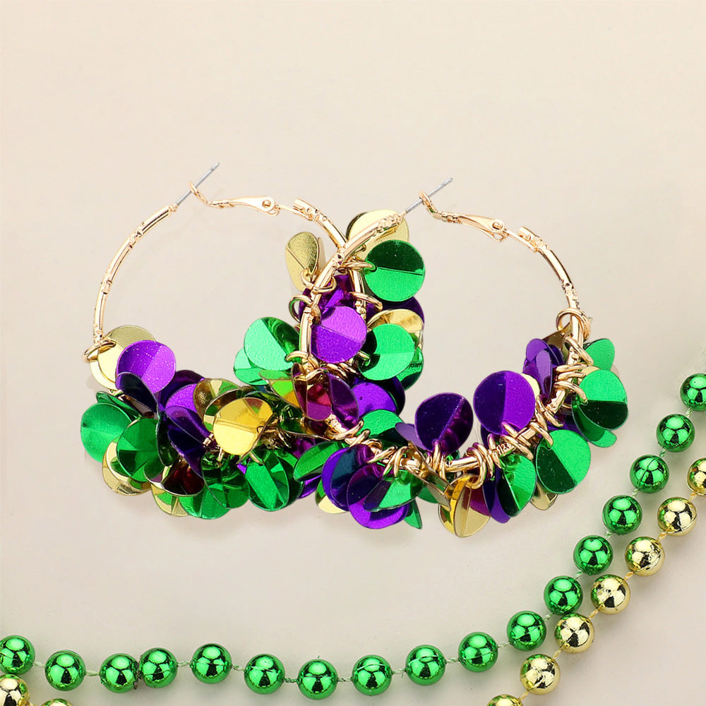 Mardi Gras Sequin Dangle Hoop Earrings