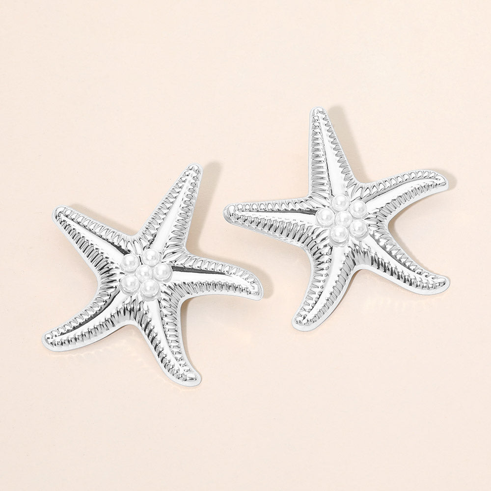 Bold Pearl Center Textured Starfish Statement Earrings