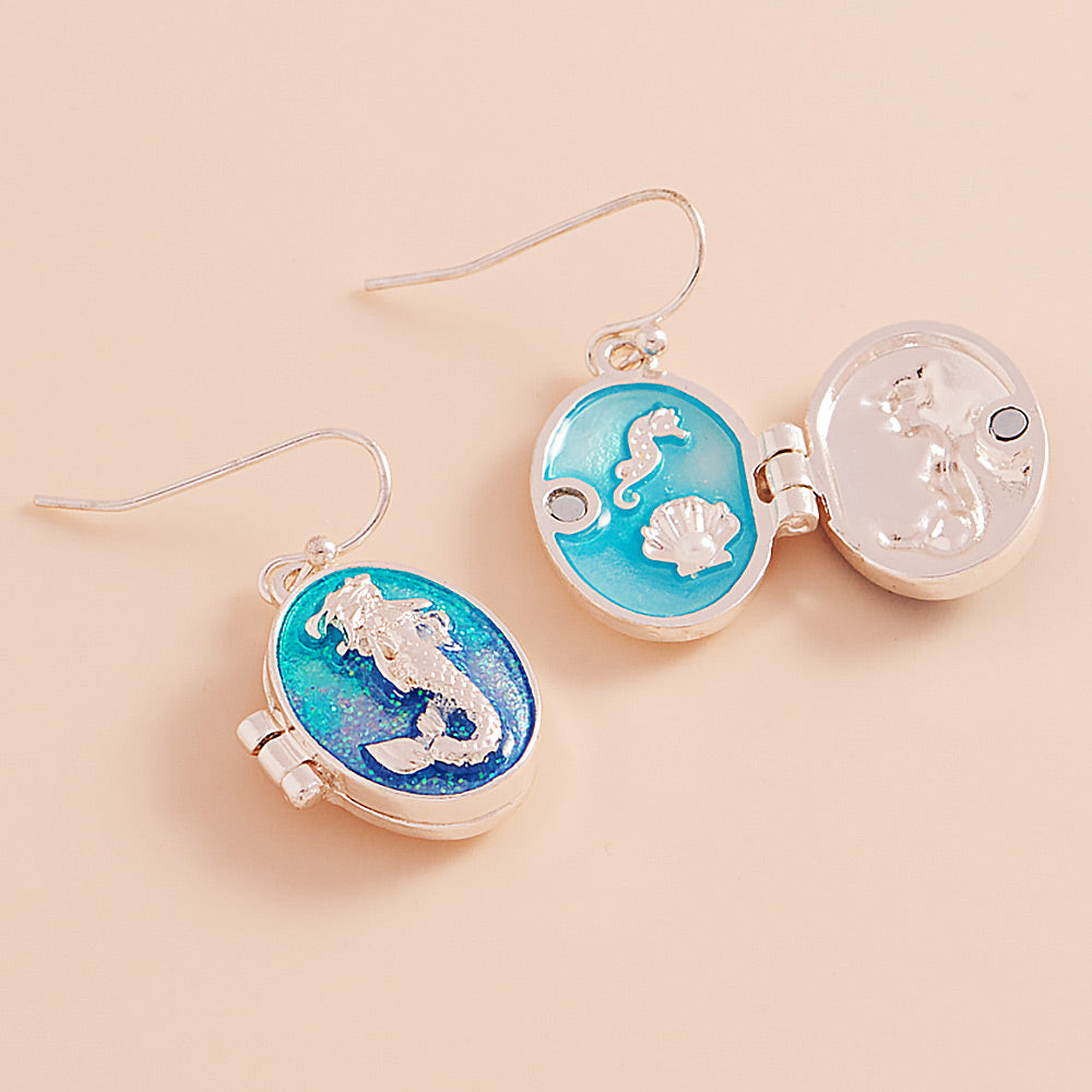 Enamel Oval Mermaid Locket Dangle Earrings