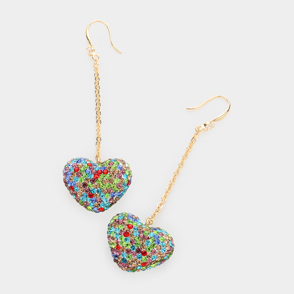 Dropped Rhinestone Pave Heart Dangle Earrings