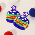 Felt Back American USA Flag Seed Beaded Star Hamburger Link Dangle Earrings