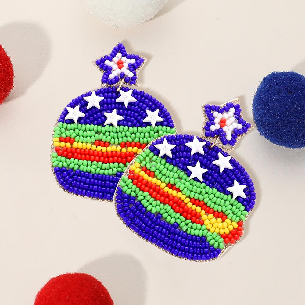 Felt Back American USA Flag Seed Beaded Star Hamburger Link Dangle Earrings